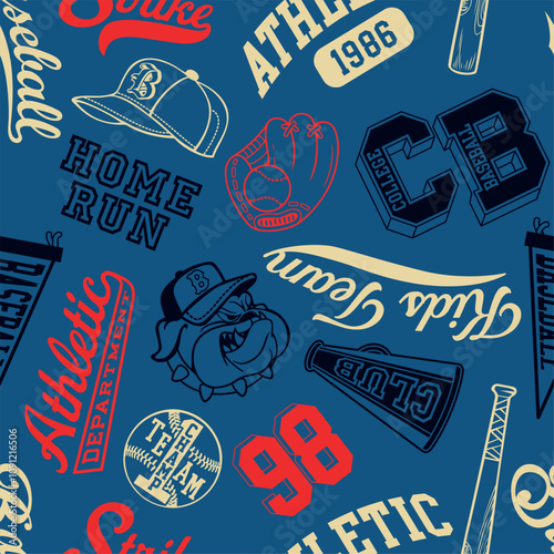 Cute baseball kids team elements and badges patchwork abstract vintage vector pattern for children kid sport wear fabric shirt short pajamas