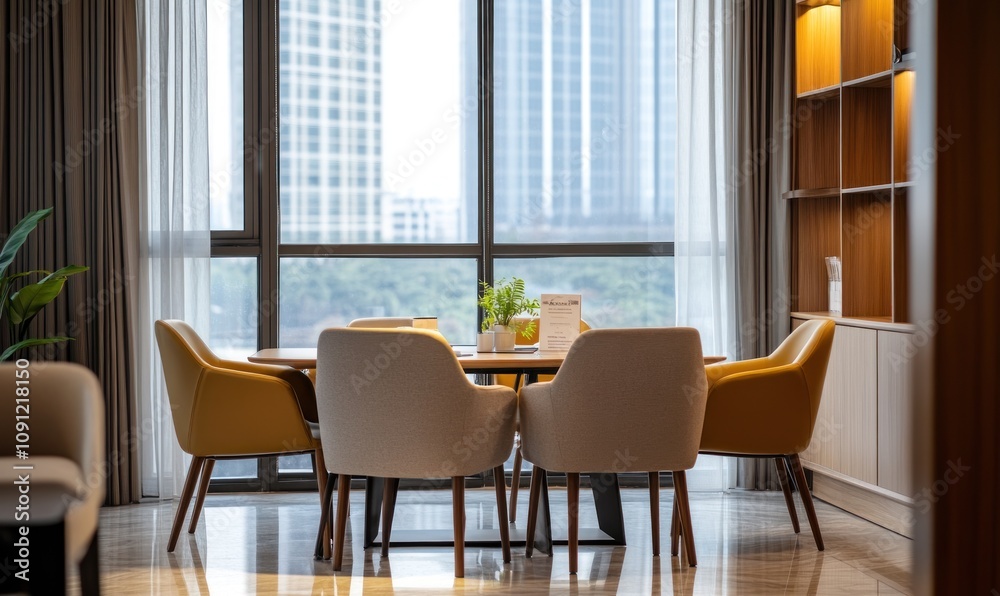 Fototapeta premium Modern dining area with city view through large windows