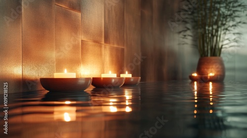 A spa scene with candles and water reflections on a wall photo