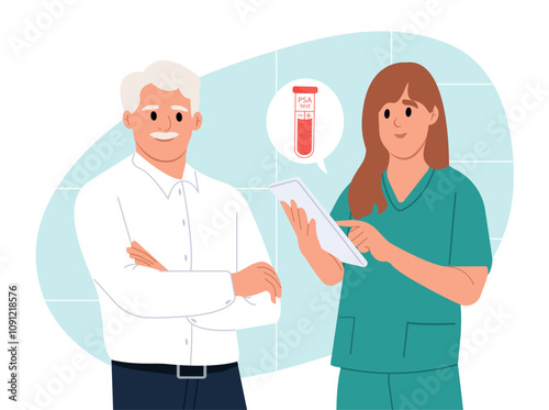 A doctor examines a tube with a blood sample for prostate-specific antigen (PSA) analysis. Sample blood test with an application form for a prostate-specific antigen PSA test.