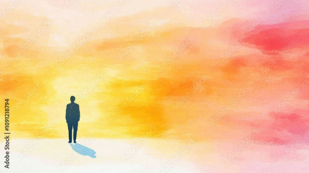 Fototapeta premium A Person Standing Alone Against a Vibrant Sunset with Warm Colors Evoking Feelings of Comfort, Reflection, and Solitude in a Digital Artistic Representation