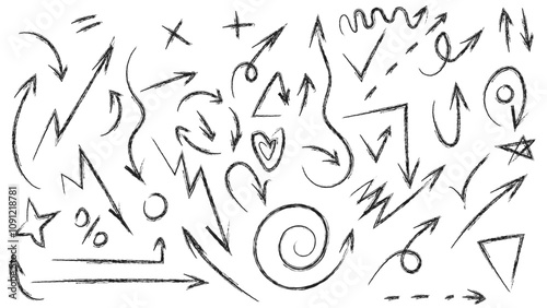 Arrows set. Business Plan Infographics Arrows Showing Growth, Ups and Downs. Indicators of the way, the movement. Graphics Illustration Signs. Flat Hand Drawn Comic Doodle Cursors. Black Icon Bolts. 