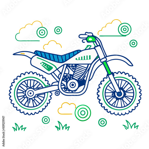 Dirt Bike Adventure: A vibrant line art illustration of a motocross bike, ready for off-road thrills.  Perfect for kids' apparel, adventure themes, and outdoor activities.