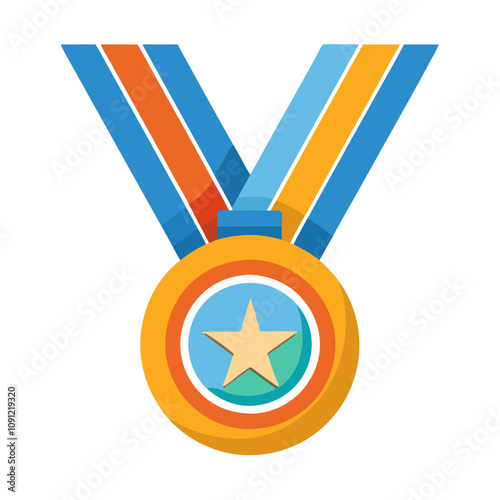 Gold Medal with Star: A golden medal with a blue star in the center, suspended from a ribbon of blue and orange stripes. This icon is perfect for representing achievement, success, and first place. 