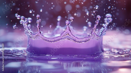 A crown-shaped splash of purple water with bokeh background. photo