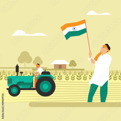 Indian Farmer In Farm Flat Vector