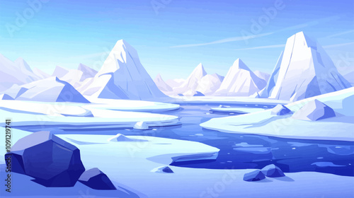 Cartoon arctic landscape with water, snowy iced mountains and rocks. North pole problems, melted ices. Winter nature vector background