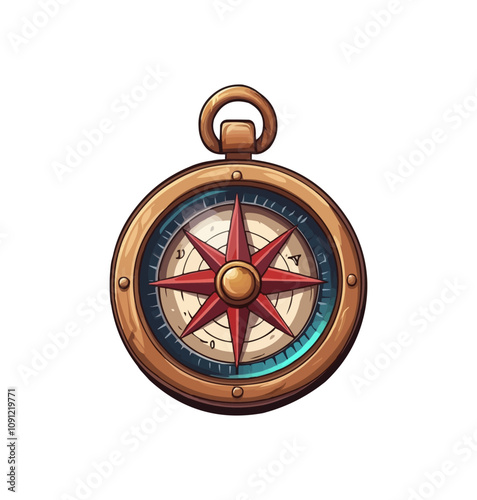 Cartoon vintage compass. Isolated vector ancient, pirate, nautical, sea navigation item, reveals wind rose symbol with directions and arrow. Captain tool for maritime travel, adventure game asset