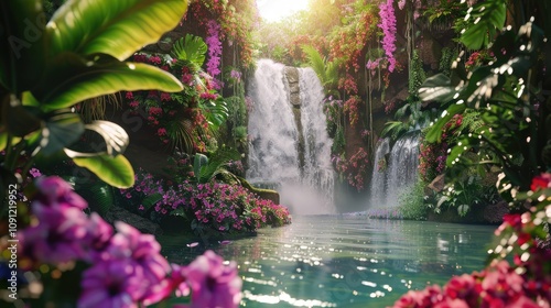 A beautiful paradise filled with flowers rivers and waterfalls Beautiful, blooming and magical Garden of Eden concept.
