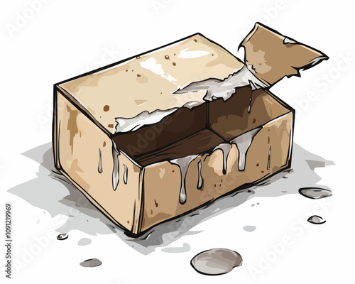 PNG Wet and damaged crumpled box. Vector soggy cardboard parcel with water damage at its base, partially open and sitting in a small puddle, symbolizing fragility and the impact of moisture