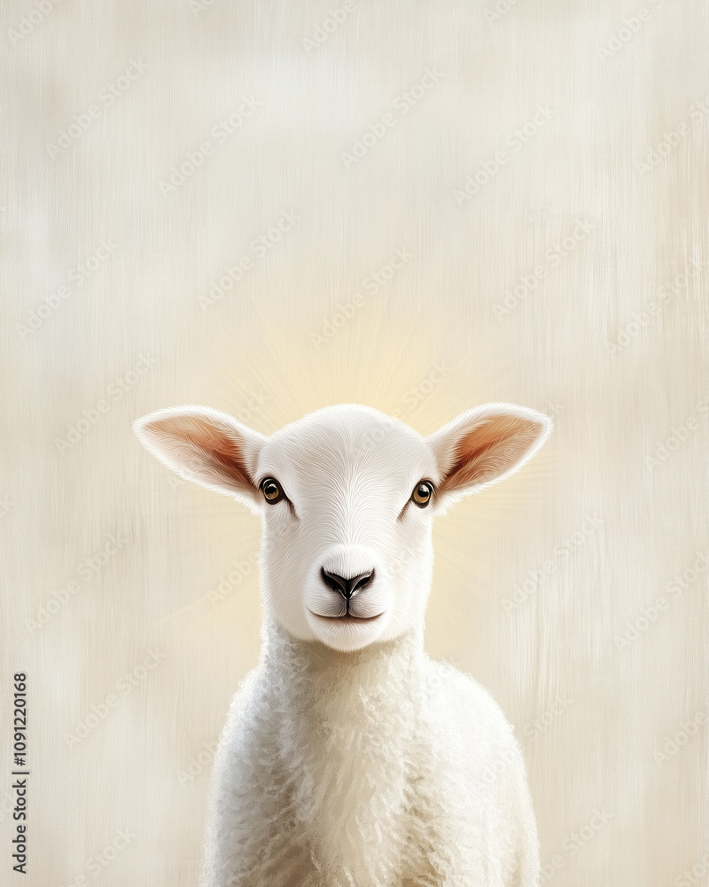 Fototapeta premium Portrait of a lamb with a radiant halo on a soft beige background, symbolizing the Lamb of God, innocence, and Christian faith.