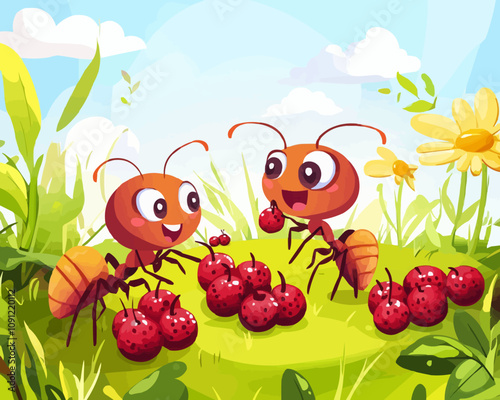 Cartoon ant characters eating berries on meadow grass, vector kids story illustration. Happy ants friends sitting in garden and eating berries with cute smiles on face for child cartoon fairy tale