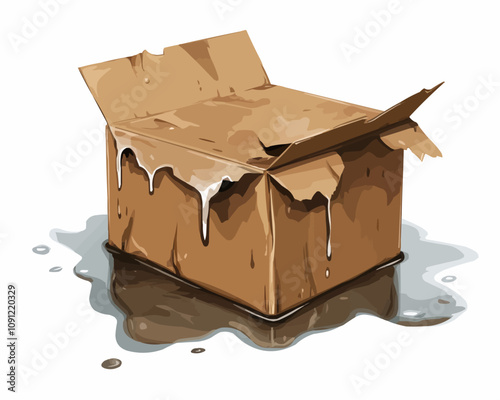 PNG Wet and damaged crumpled box. Vector soggy cardboard parcel with water damage at its base, partially open and sitting in a small puddle, symbolizing fragility