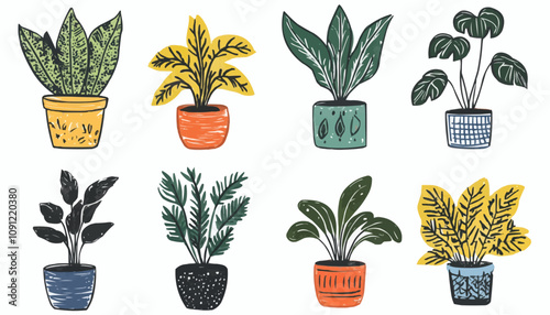 set of houseplants in flowerpots in doodle style vector