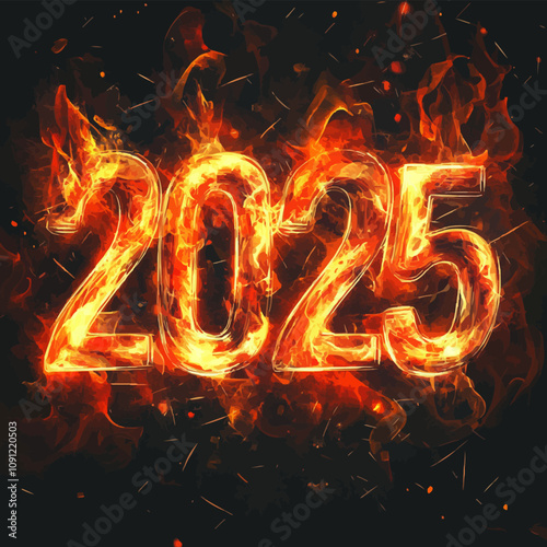 Stylized vector of "2025" written in dsmoke and fire, with a fiery background and glowing embers.