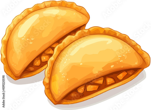 Cartoon Mexican empanadas, two golden, baked doughy empanada pockets with a crimped edge, delicious, crispy texture, filled with meat. Isolated vector traditional tex mex pastry, bakery food