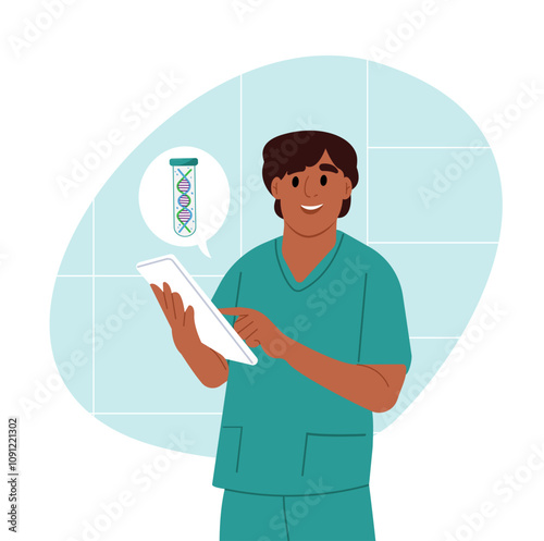 National DNA Day. April 25. A laboratory technician examines human DNA. Vector illustration in flat style photo