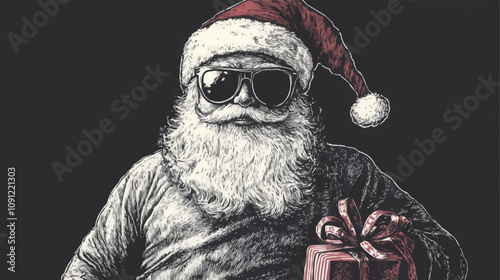 Santa Claus sunglasses with gift bag, traditional Christmas figure sketch engraving generative ai fictional character vector illustration. Scratch board imitation. Black and white image.