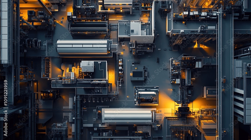 Fototapeta premium Aerial view of a futuristic industrial complex with illuminated structures.