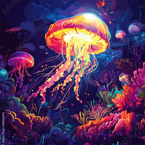 Vector image of an abstract underwater scene with glowing jellyfish and vibrant coral, in dreamlike colors