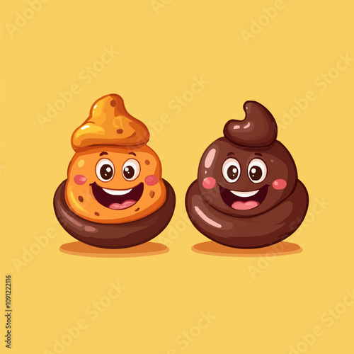 Cartoon groovy poop characters, funny poo excrement personages, happy toilet shit emoticons featuring three rounded pieces with cheerful humorous expressions and amusing nature with retro hippie vibes