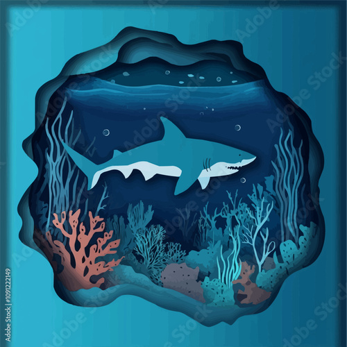 Shark silhouette with underwater landscape. Vector paper cut, shark-shaped, layered 3d frame with underwater scene features marine creatures surrounded by coral reefs and aquatic plants in the ocean