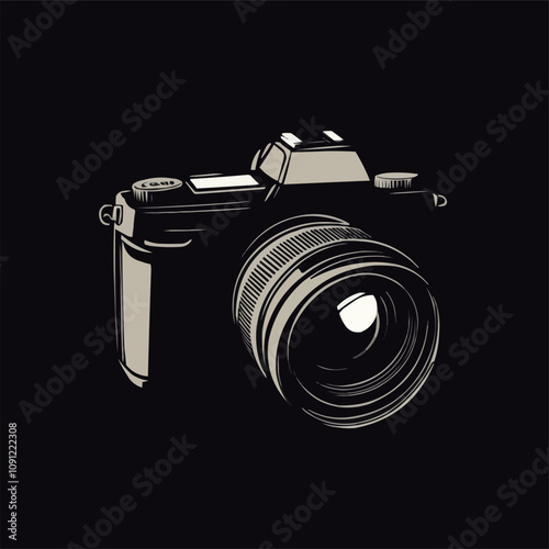 Vector silhouette of a compact camera with a flash and zoom lens.