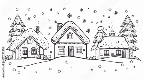 Cozy winter houses with snowy landscapes in black line art style for holiday greetings