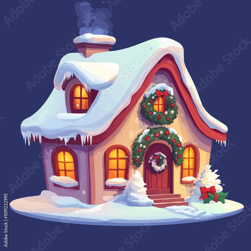 Cartoon Christmas winter house facade exterior. Snowy home building. Isolated vector cottage with snow-covered roof, festive wreath, glowing lights, exuding holiday charm cozy countryside and warmth
