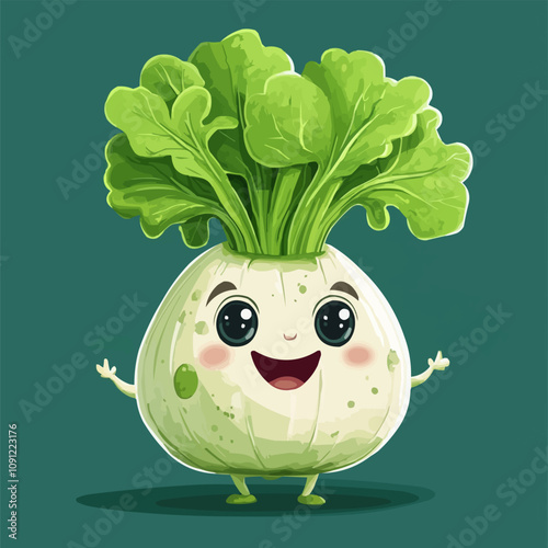 Cartoon groovy kohlrabi cabbage vegetable character with a cheerful expression and big, friendly eyes Vector ripe veggie with green leafy tops. Fun and quirky healthy vitamin food retro personage