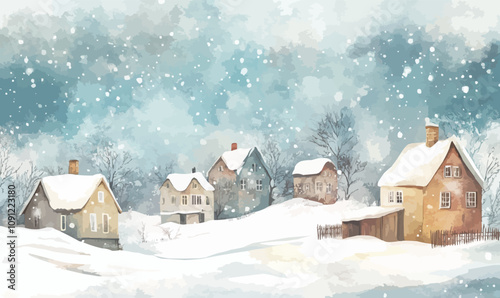 Wintery scene with watercolor-effect houses, softly blending into the snowy landscape. Vector illustration.