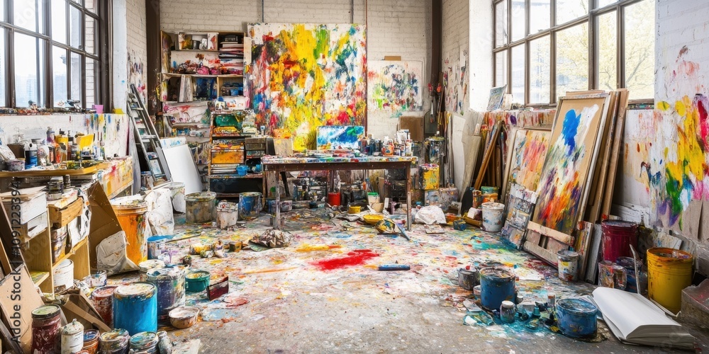 Fototapeta premium An artists studio brimming with bright paints and cre