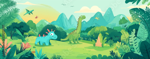 I spy game worksheet with cartoon prehistoric dinosaurs characters in lush, green landscape with trees, bushes and mountains. Vector playful math riddle prompts players to count dino species on page