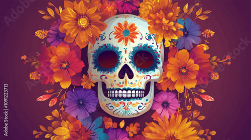 Cartoon day of the dead dia de los muertos sugar calavera skull decorated with floral pattern. Isolated vector cranium calaca head captures festive spirit, remembrance, honor and cultural significance