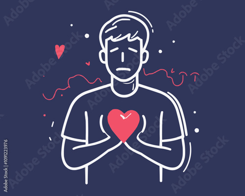 Panic attack. Psychological disorder problem, mental health icon. Cognitive disorder or mental health symbol, psychotherapy or human psychology problem line vector sign with man feeling pain in heart