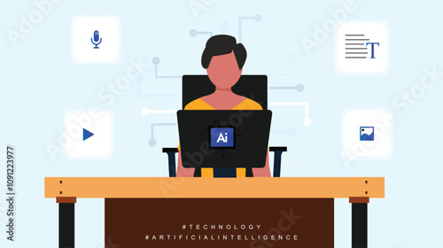 AI engineer working on laptop. Man working on computer system with AI written on back, Artificial intelligence generative tools concept with icons of chatbots, image, video creation, music production.