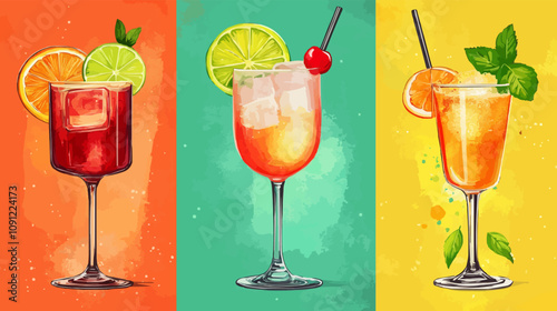 Cocktail fresh citrus garnishes cartoon vector concepts. Drinks glasses lime orange cherry mint alcohol vintage retro colorful posters