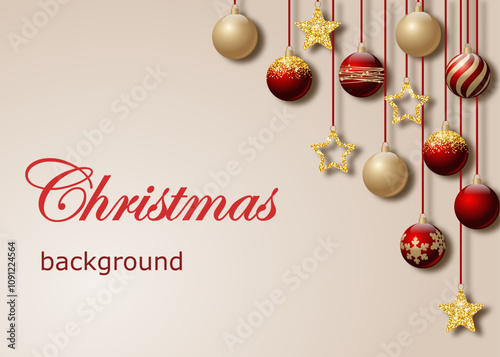Christmas background. vector illustration with hanging red and gold balls and shiny stars. bright realistic drawing of xmas decorations on light backdrop. an elegant composition for the New Year vibe