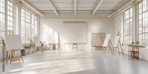 an artists studio in a converted warehouse space mult photo