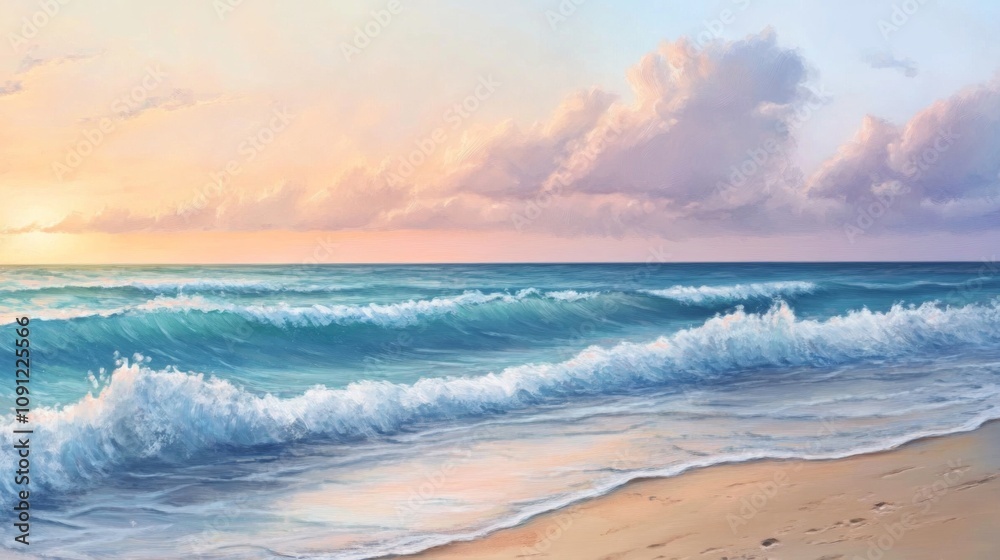 Obraz premium Soft waves lapping a tranquil beach at dusk with pastel skies