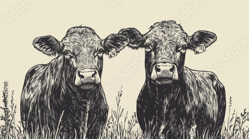 Two alpine cow vector hand drawn engraving style illustration