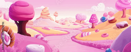 Pink candy land background for game level ui design with cookies and caramels, marshmallow trees and confectionery hills. Cartoon vector sweet dessert childish dreamland panorama with cute sugar food.