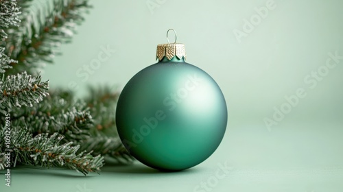 Elegant Green Christmas Ornament on Soft Mint Background with Frosted Pine