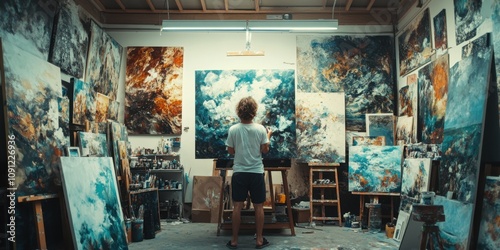 an artist in their studio painting a cancas with many photo