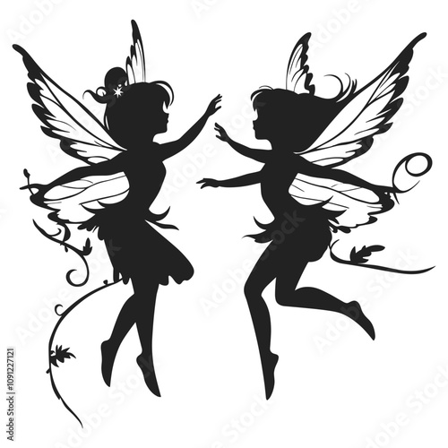 Silhouettes of Two Fairies with Wings in an Enchanting Pose Together