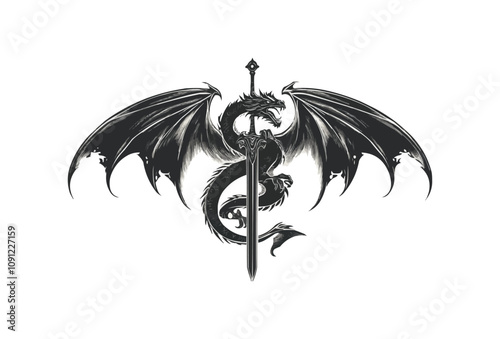 Vector silhouette of a dragon with wings spread wide, curled around a sword, on a white background.