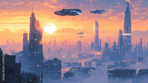 Vector image of a futuristic cityscape with towering skyscrapers and flying vehicles.