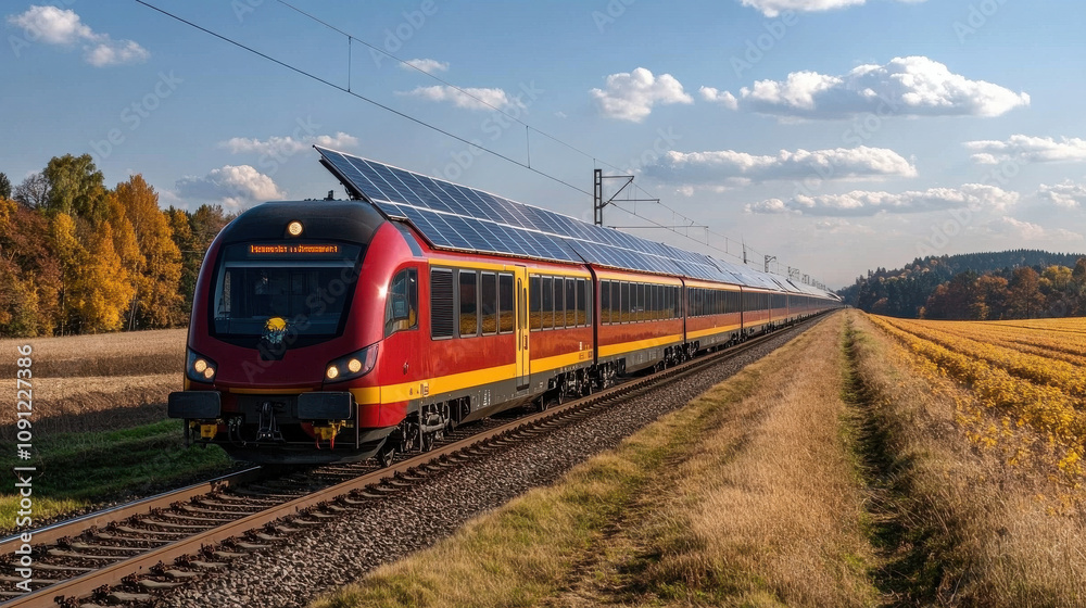 solar powered train travels through scenic landscape, showcasing sustainability solar powered train travels through scenic landscape, showcasing sustainability
