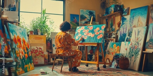 an artist in their studio painting a cancas with many photo