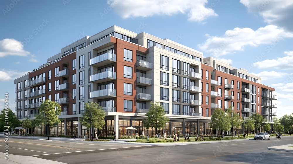 Obraz premium Modern multi-story building with retail space and balconies in a suburban setting.